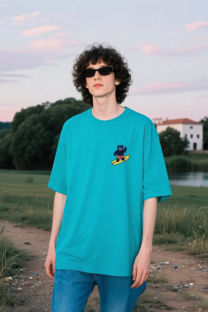 Jie Zhan Men's Wear | Summer Surfing Cute Embroidered T-shirt 25 Spring And Summer New American Street Dopamine Couple Short Sleeve display picture 4
