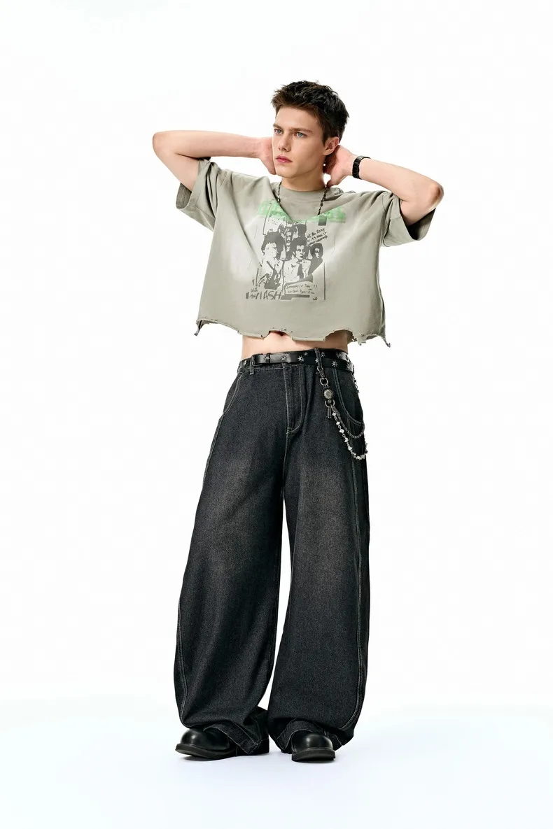 Jie Zhan Men's Wear | Boxy Short Wash Cut Print T-shirt 25 Spring/Summer New American Heavy Short Sleeve Five-point Sleeve display picture 4