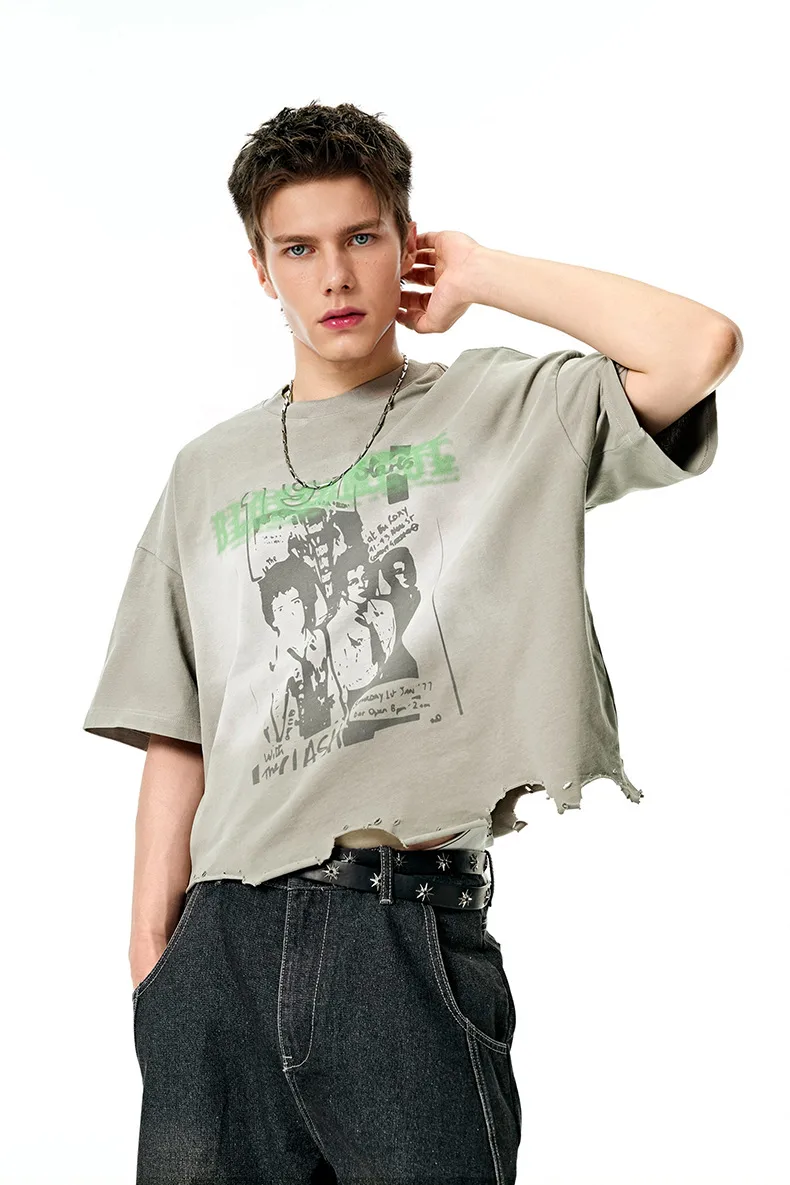 Jie Zhan Men's Wear | Boxy Short Wash Cut Print T-shirt 25 Spring/Summer New American Heavy Short Sleeve Five-point Sleeve display picture 6