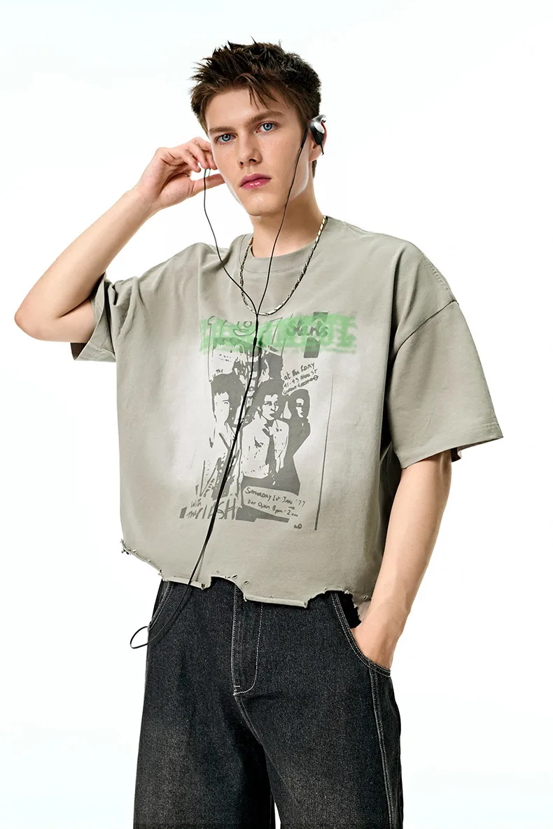 Jie Zhan Men's Wear | Boxy Short Wash Cut Print T-shirt 25 Spring/Summer New American Heavy Short Sleeve Five-point Sleeve display picture 7