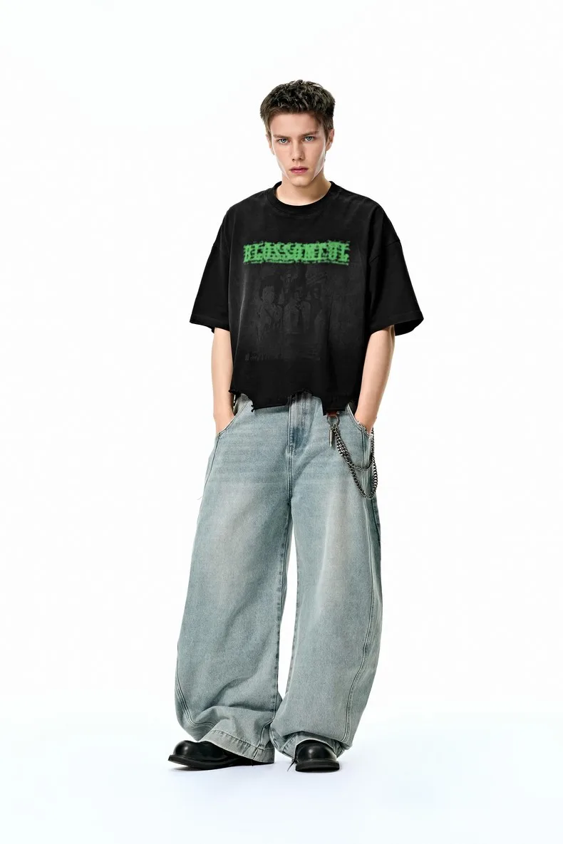 Jie Zhan Men's Wear | Boxy Short Wash Cut Print T-shirt 25 Spring/Summer New American Heavy Short Sleeve Five-point Sleeve display picture 8