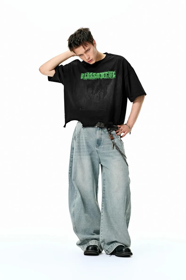 Jie Zhan Men's Wear | Boxy Short Wash Cut Print T-shirt 25 Spring/Summer New American Heavy Short Sleeve Five-point Sleeve display picture 9