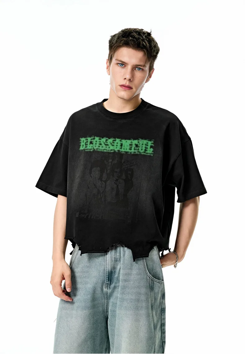 Jie Zhan Men's Wear | Boxy Short Wash Cut Print T-shirt 25 Spring/Summer New American Heavy Short Sleeve Five-point Sleeve display picture 10