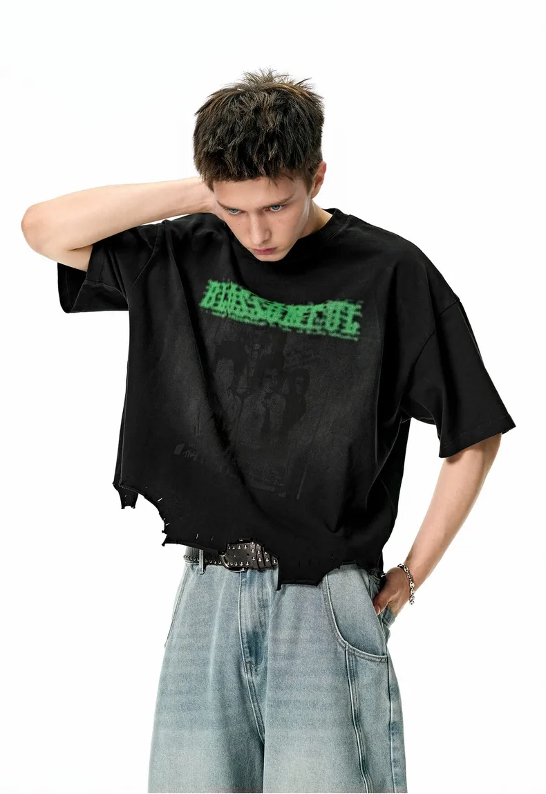Jie Zhan Men's Wear | Boxy Short Wash Cut Print T-shirt 25 Spring/Summer New American Heavy Short Sleeve Five-point Sleeve display picture 11