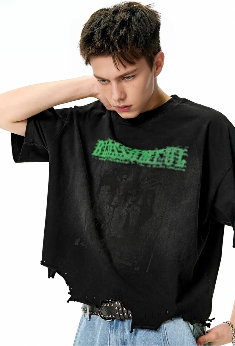 Jie Zhan Men's Wear | Boxy Short Wash Cut Print T-shirt 25 Spring/Summer New American Heavy Short Sleeve Five-point Sleeve display picture 12