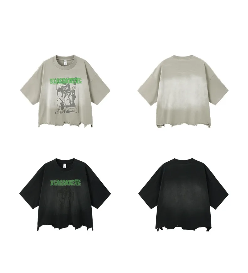 Jie Zhan Men's Wear | Boxy Short Wash Cut Print T-shirt 25 Spring/Summer New American Heavy Short Sleeve Five-point Sleeve display picture 13