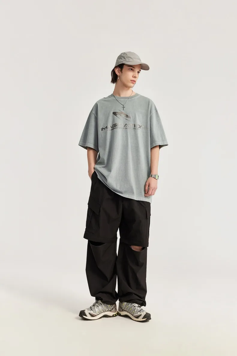 Jie Zhan Discount Store | Titanium Bright Face Wash Water Abraded T-shirt  Spring/Summer Fashion Brand Loose Street Short Sleeve Jacket display picture 8