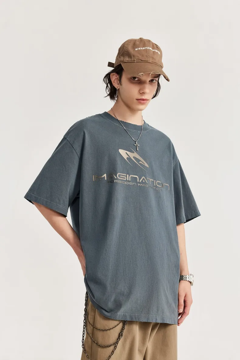 Jie Zhan Discount Store | Titanium Bright Face Wash Water Abraded T-shirt  Spring/Summer Fashion Brand Loose Street Short Sleeve Jacket display picture 11