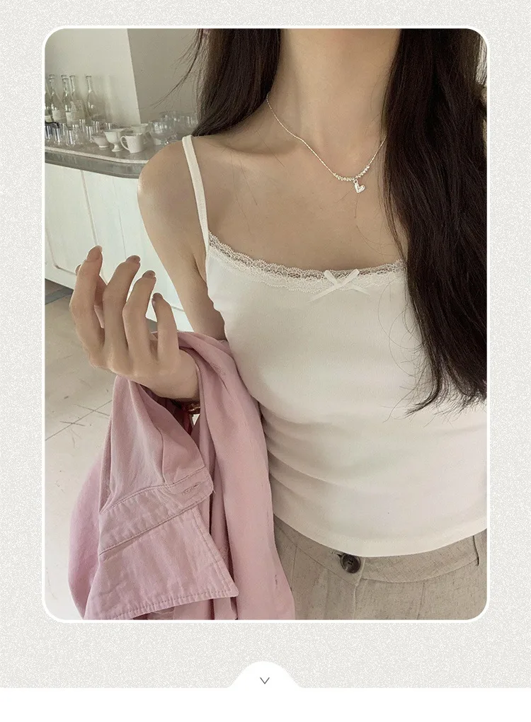 Summer  Gentle Style Lace Sling Women's Bow Stitching Stretch Short Top Sweet Bm White Vest display picture 1