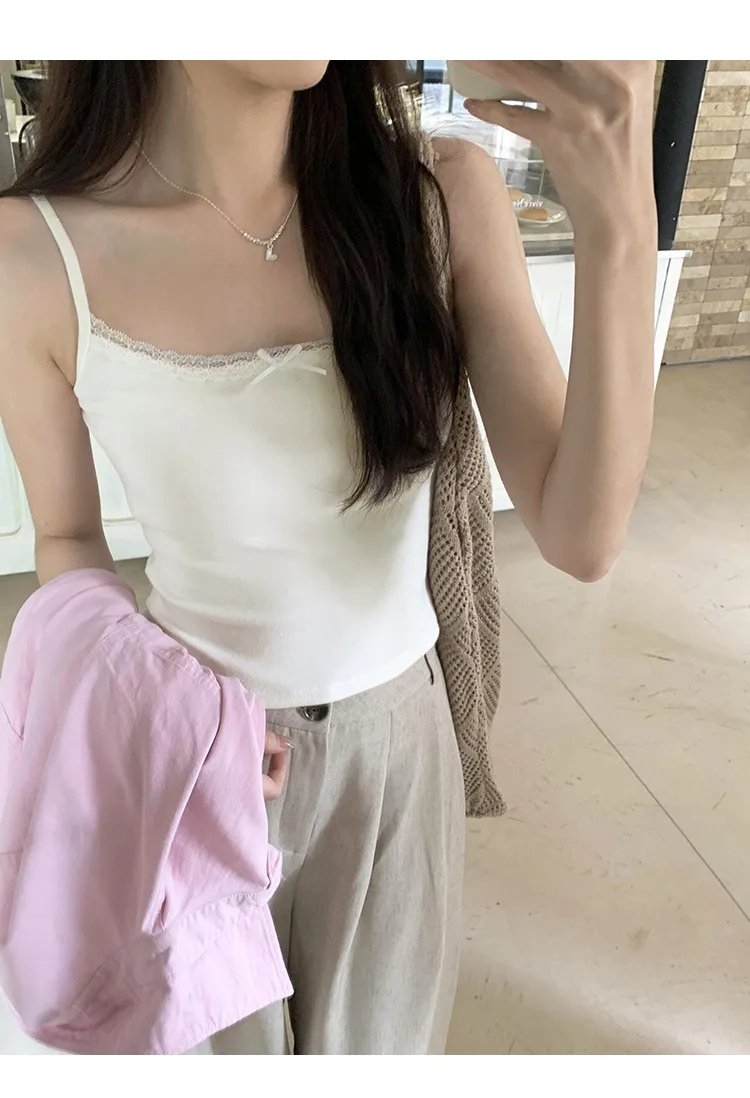 Summer  Gentle Style Lace Sling Women's Bow Stitching Stretch Short Top Sweet Bm White Vest display picture 2