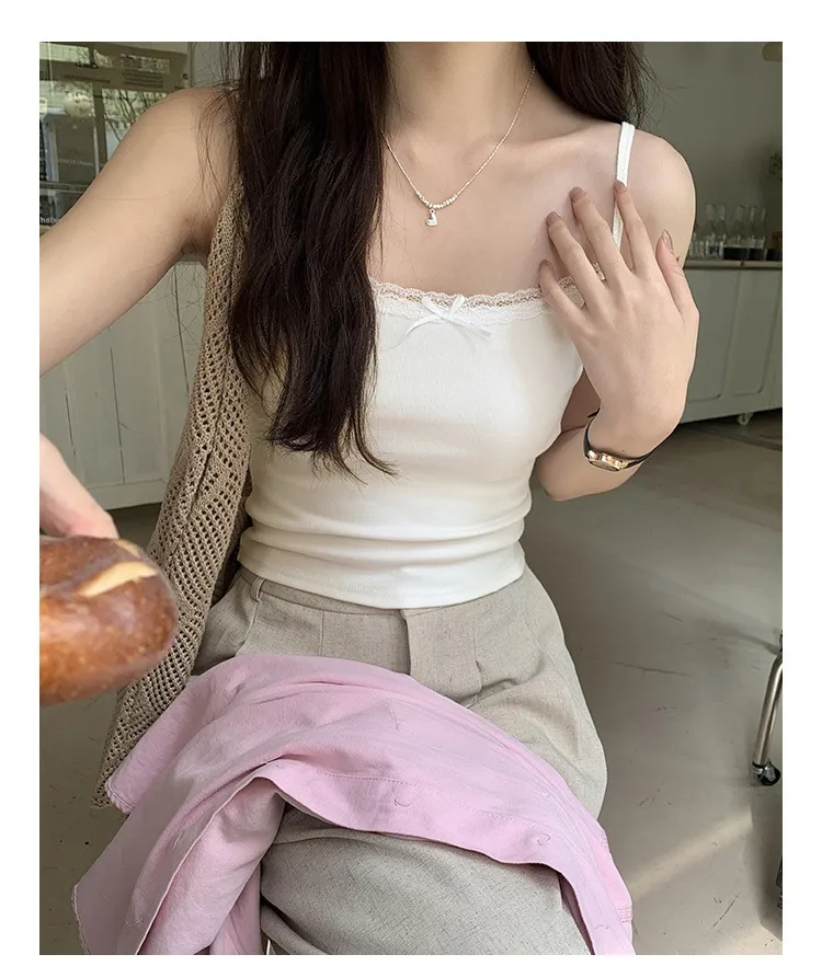 Summer  Gentle Style Lace Sling Women's Bow Stitching Stretch Short Top Sweet Bm White Vest display picture 3