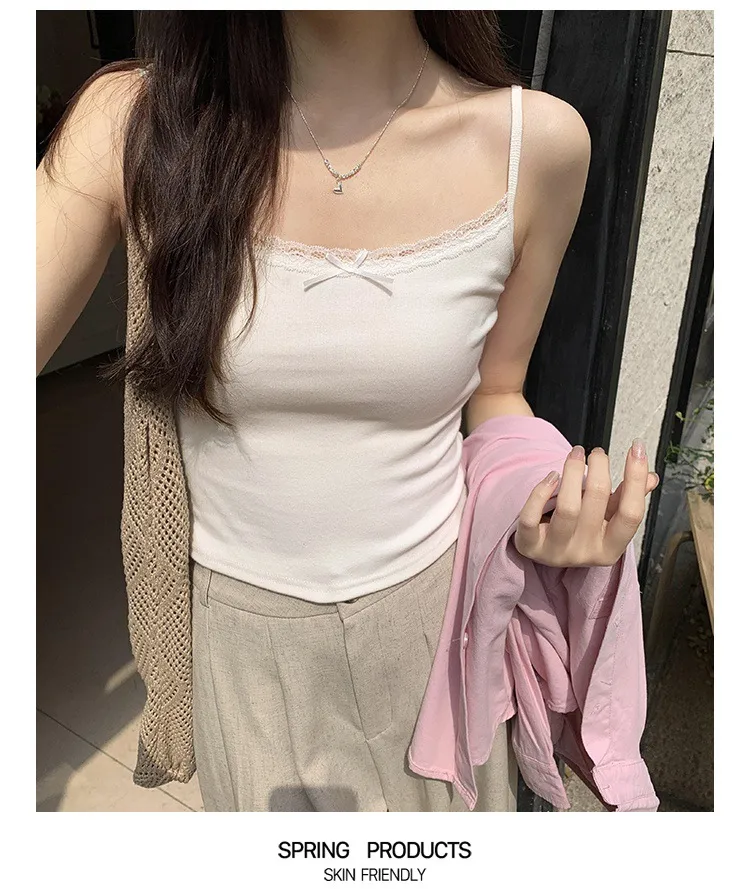Summer  Gentle Style Lace Sling Women's Bow Stitching Stretch Short Top Sweet Bm White Vest display picture 4
