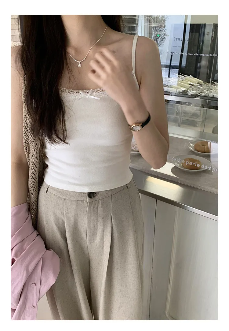 Summer  Gentle Style Lace Sling Women's Bow Stitching Stretch Short Top Sweet Bm White Vest display picture 5