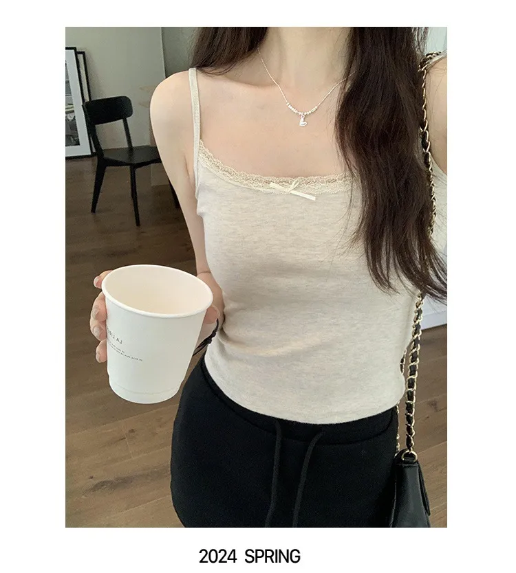 Summer  Gentle Style Lace Sling Women's Bow Stitching Stretch Short Top Sweet Bm White Vest display picture 7