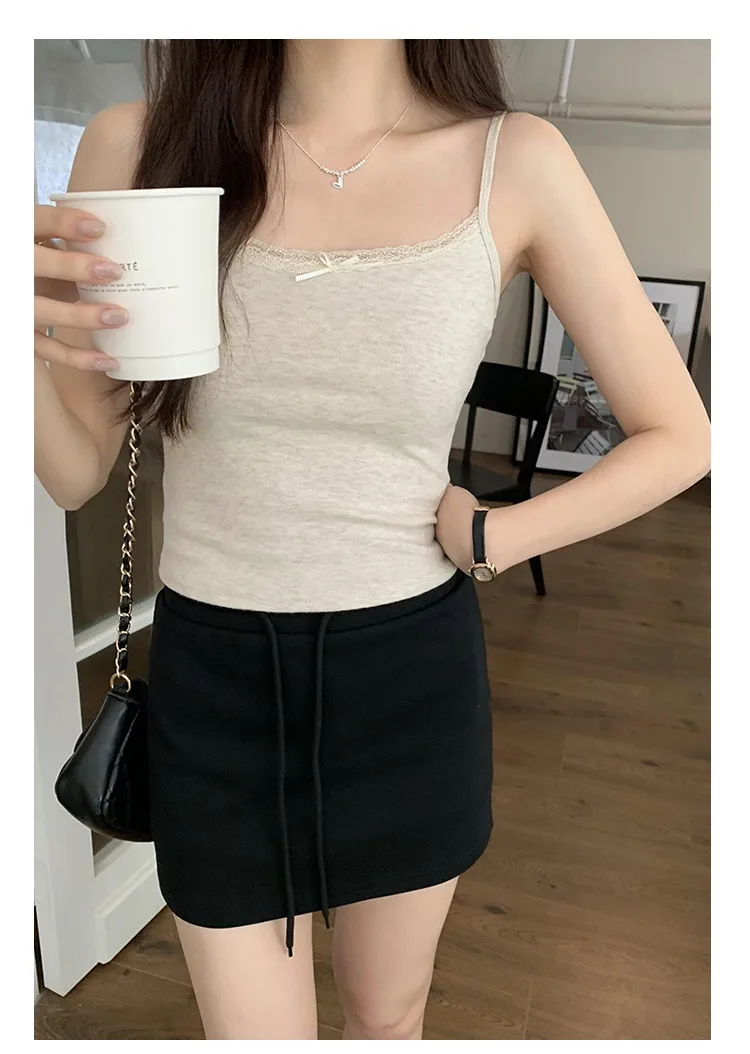 Summer  Gentle Style Lace Sling Women's Bow Stitching Stretch Short Top Sweet Bm White Vest display picture 8