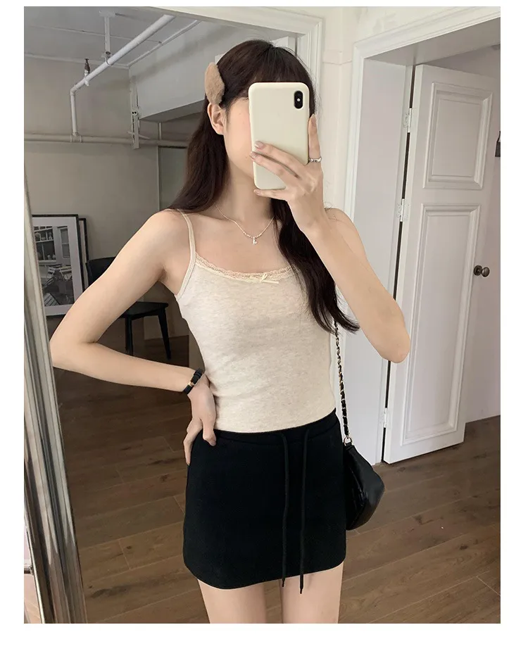 Summer  Gentle Style Lace Sling Women's Bow Stitching Stretch Short Top Sweet Bm White Vest display picture 9