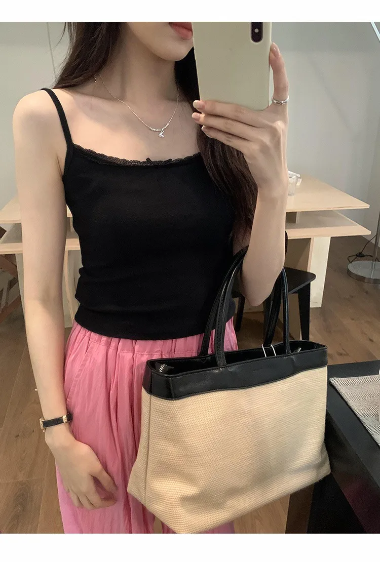 Summer  Gentle Style Lace Sling Women's Bow Stitching Stretch Short Top Sweet Bm White Vest display picture 10