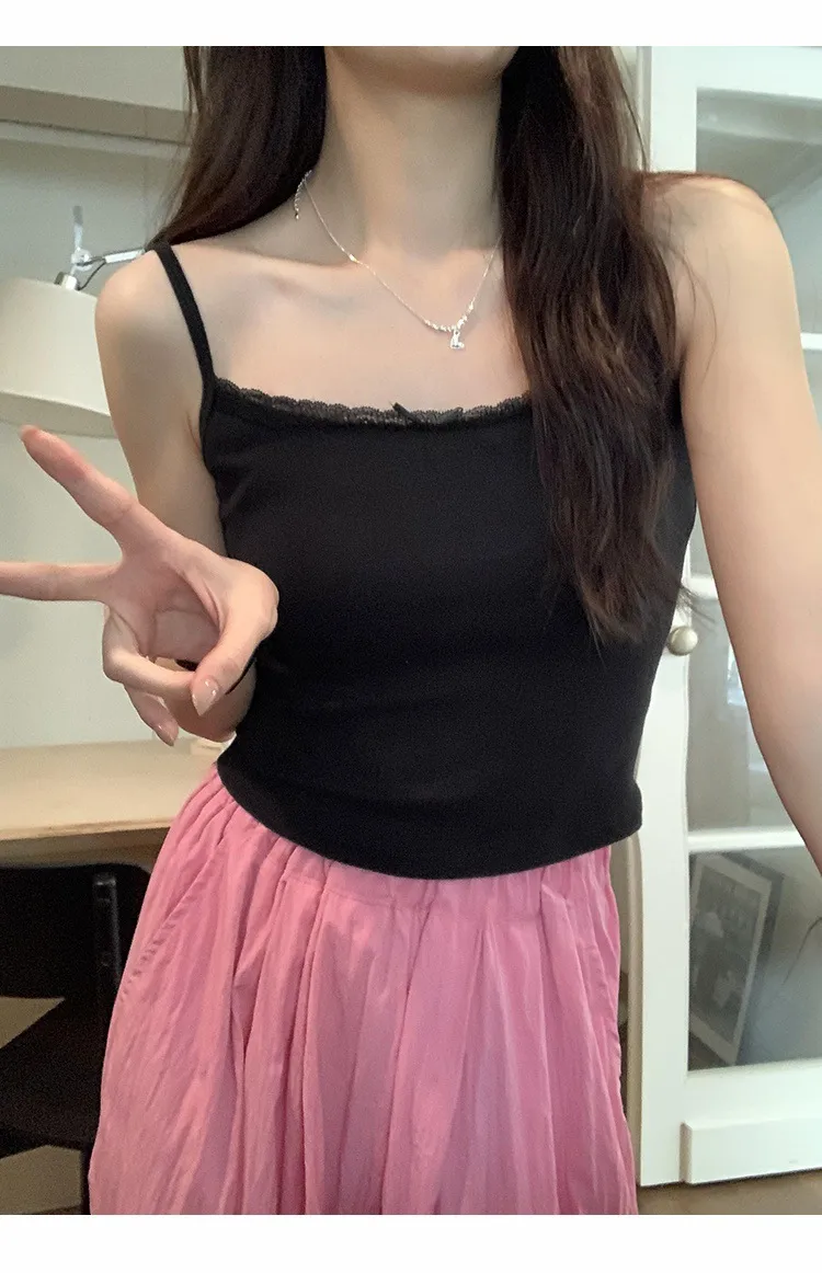 Summer  Gentle Style Lace Sling Women's Bow Stitching Stretch Short Top Sweet Bm White Vest display picture 11