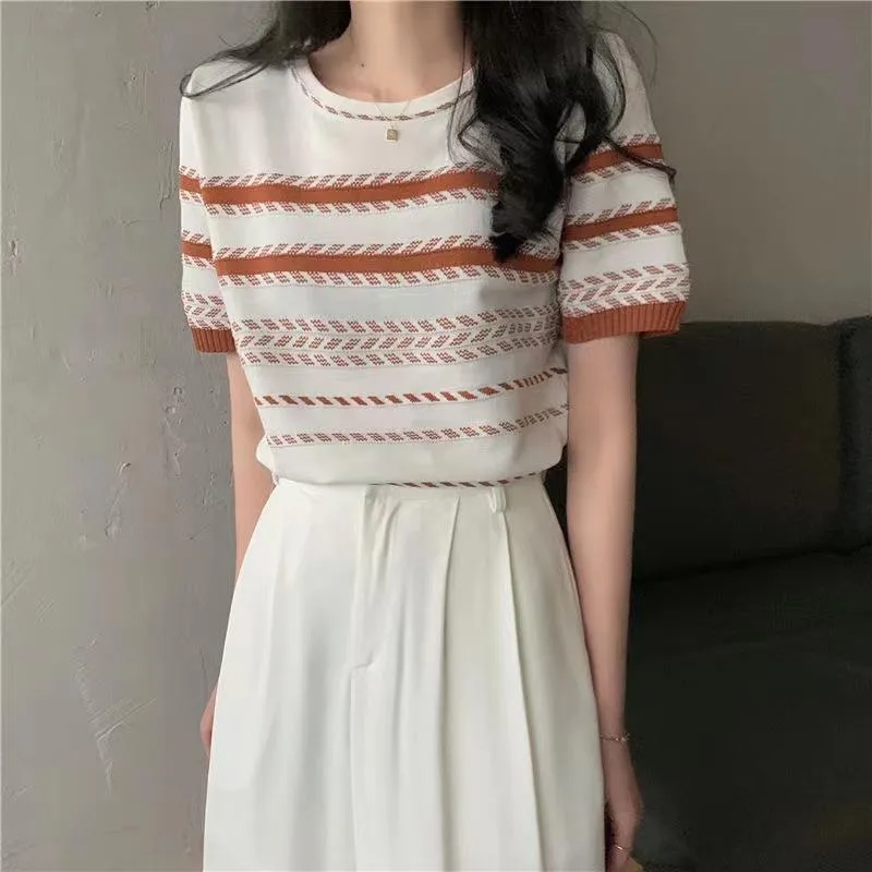 Striped Sweater Women's  Summer Design Crewneck Short-sleeved Contrast Color Small Slim-fit Slim-fit Short Top display picture 5