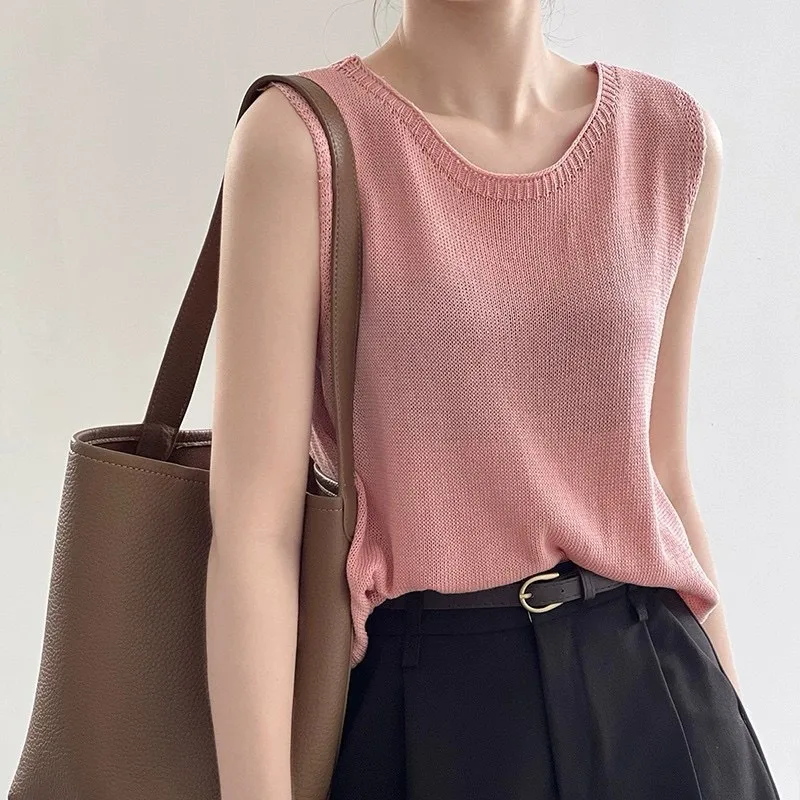 Gentle Style Simple Elegant Casual Round Neck Sleeveless Sweater Vest Women's Summer New Style Loose Vest Top Women's Clothing display picture 1