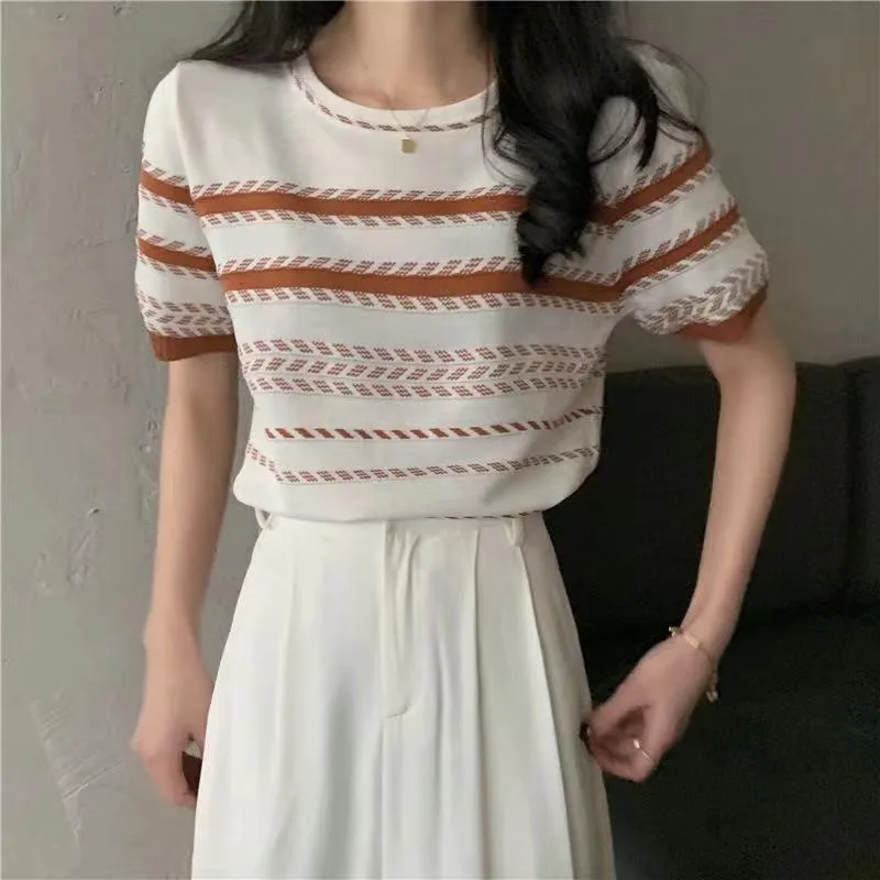 Striped Sweater Women's  Summer Design Crewneck Short-sleeved Contrast Color Small Slim-fit Slim-fit Short Top display picture 6