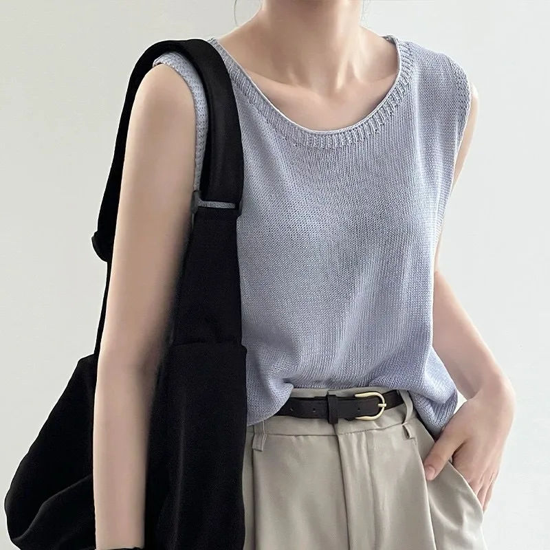 Gentle Style Simple Elegant Casual Round Neck Sleeveless Sweater Vest Women's Summer New Style Loose Vest Top Women's Clothing display picture 2