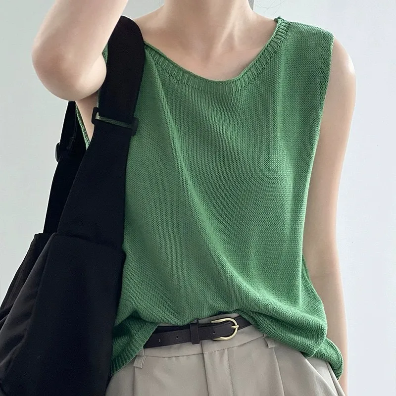 Gentle Style Simple Elegant Casual Round Neck Sleeveless Sweater Vest Women's Summer New Style Loose Vest Top Women's Clothing display picture 4