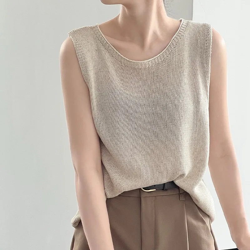 Gentle Style Simple Elegant Casual Round Neck Sleeveless Sweater Vest Women's Summer New Style Loose Vest Top Women's Clothing display picture 3