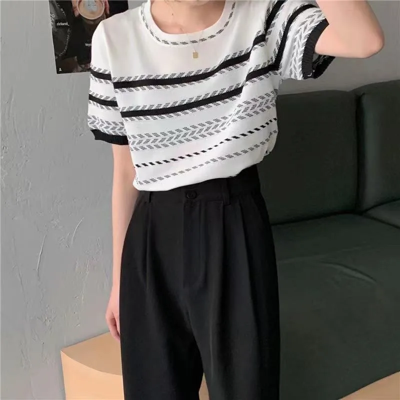 Striped Sweater Women's  Summer Design Crewneck Short-sleeved Contrast Color Small Slim-fit Slim-fit Short Top display picture 7