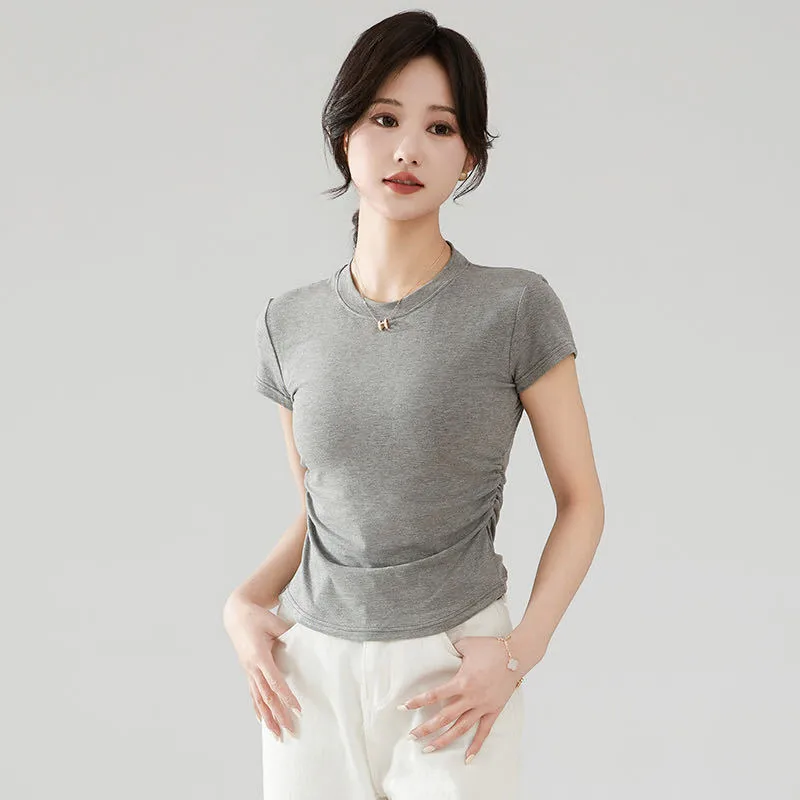 Small Man Waist Shoulder Short-sleeved Cotton T-shirt Women's Summer Design Sense Small Early Spring European Goods Small Shirt Explosive Top display picture 3