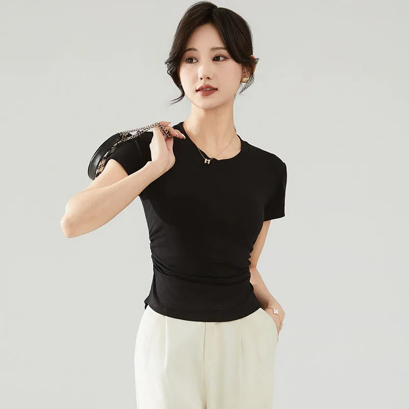 Small Man Waist Shoulder Short-sleeved Cotton T-shirt Women's Summer Design Sense Small Early Spring European Goods Small Shirt Explosive Top display picture 2