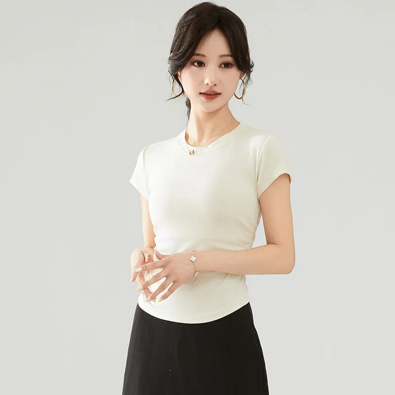 Small Man Waist Shoulder Short-sleeved Cotton T-shirt Women's Summer Design Sense Small Early Spring European Goods Small Shirt Explosive Top display picture 5