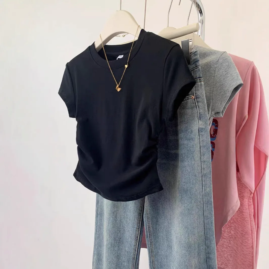 Small Man Waist Shoulder Short-sleeved Cotton T-shirt Women's Summer Design Sense Small Early Spring European Goods Small Shirt Explosive Top display picture 6