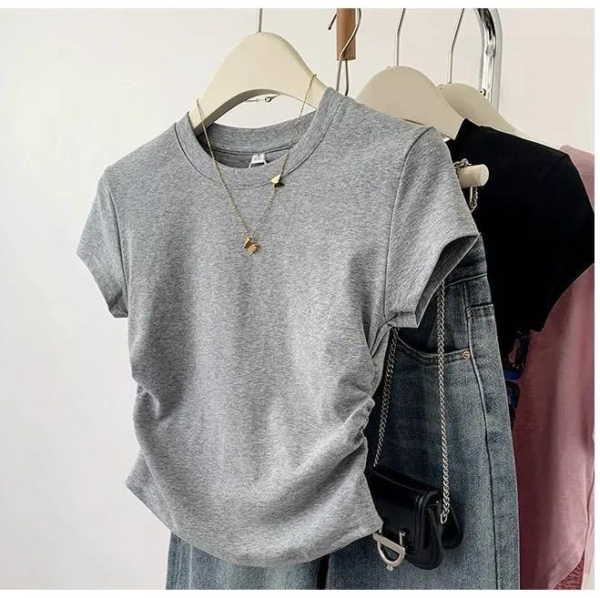 Small Man Waist Shoulder Short-sleeved Cotton T-shirt Women's Summer Design Sense Small Early Spring European Goods Small Shirt Explosive Top display picture 7