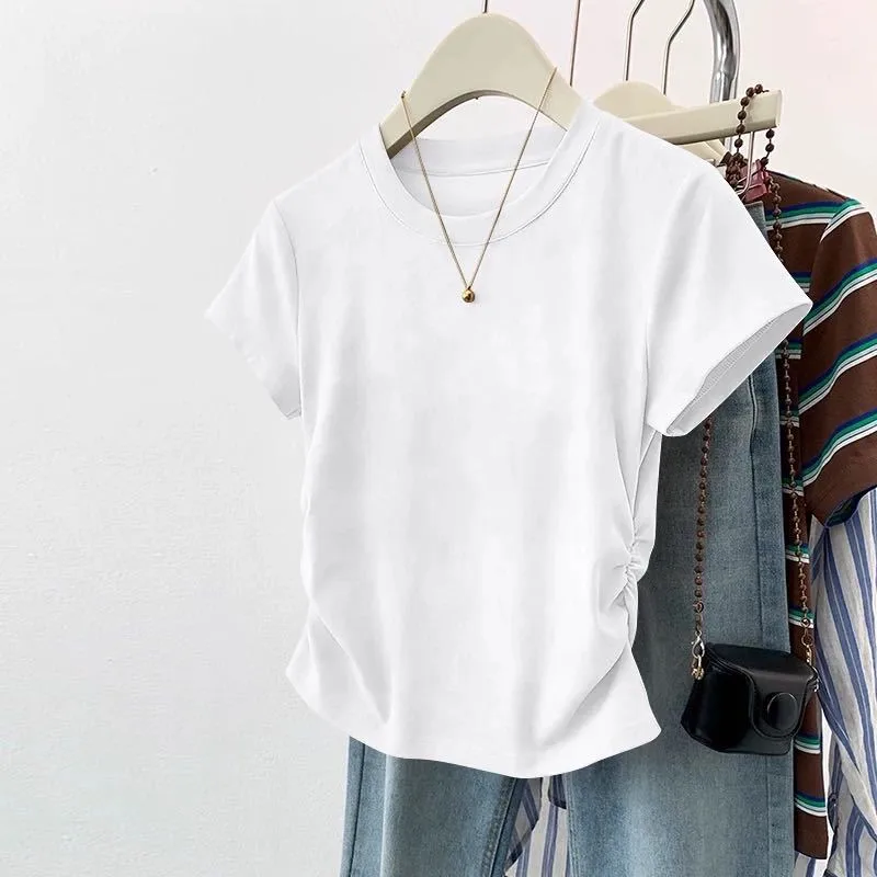Small Man Waist Shoulder Short-sleeved Cotton T-shirt Women's Summer Design Sense Small Early Spring European Goods Small Shirt Explosive Top display picture 8