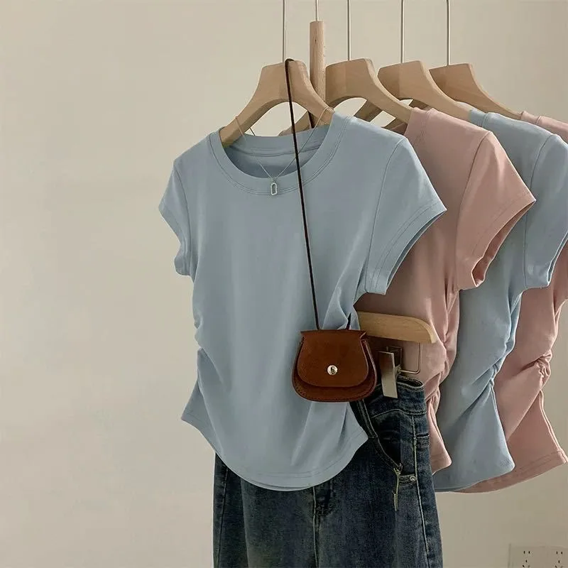 Small Man Waist Shoulder Short-sleeved Cotton T-shirt Women's Summer Design Sense Small Early Spring European Goods Small Shirt Explosive Top display picture 9