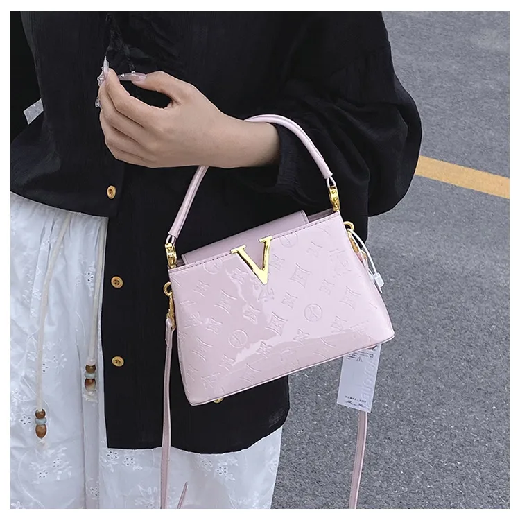 Foreign Trade New Patent Leather Fashion All-match Letter Bucket Bag Fashionable Handbag Large Capacity Single Shoulder Crossbody Bag display picture 16