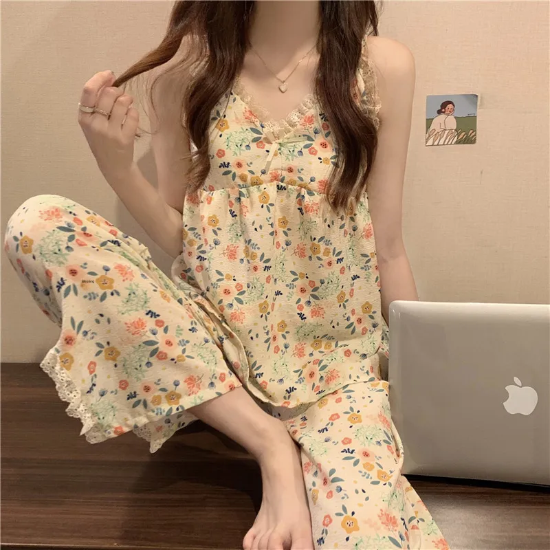 Summer With Chest Pad Retro Small Floral Sling Pants Pajamas Women's Internet Popular TikTok Group Buying Daifa Home Clothes display picture 13