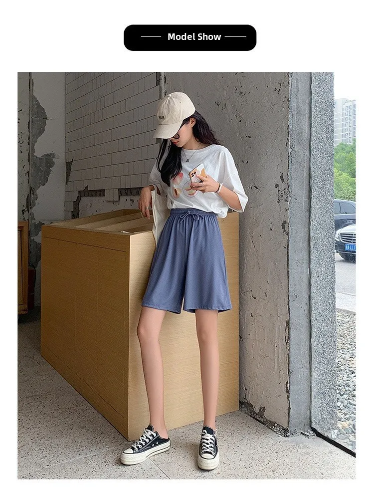 Plus Size Foreign Trade Women's Shorts Five-point Pants Women's High Waist Ice Silk Pants Loose Women's Summer Outer Wear Casual Straight Shorts display picture 9