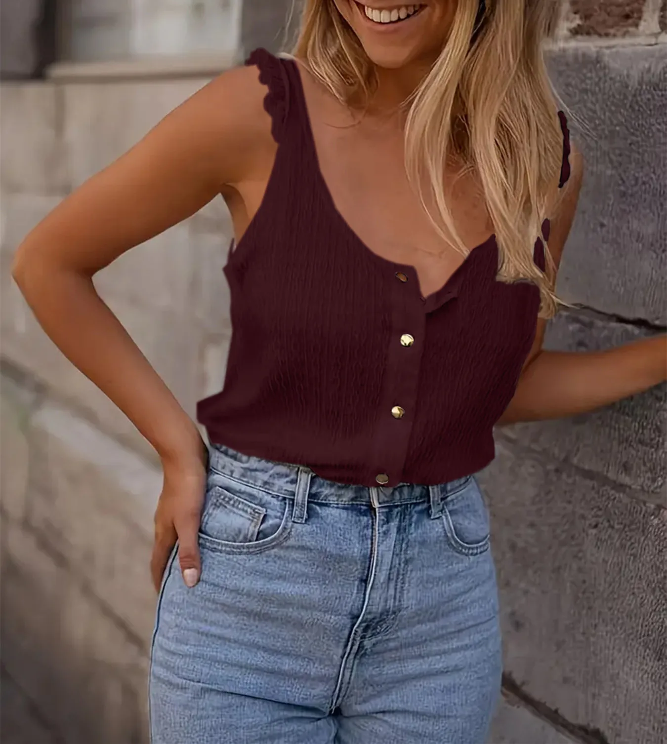 New   Women's Summer Solid Color Knitted Round Neck Ruffled Sweet Sleeveless Vest Top display picture 8
