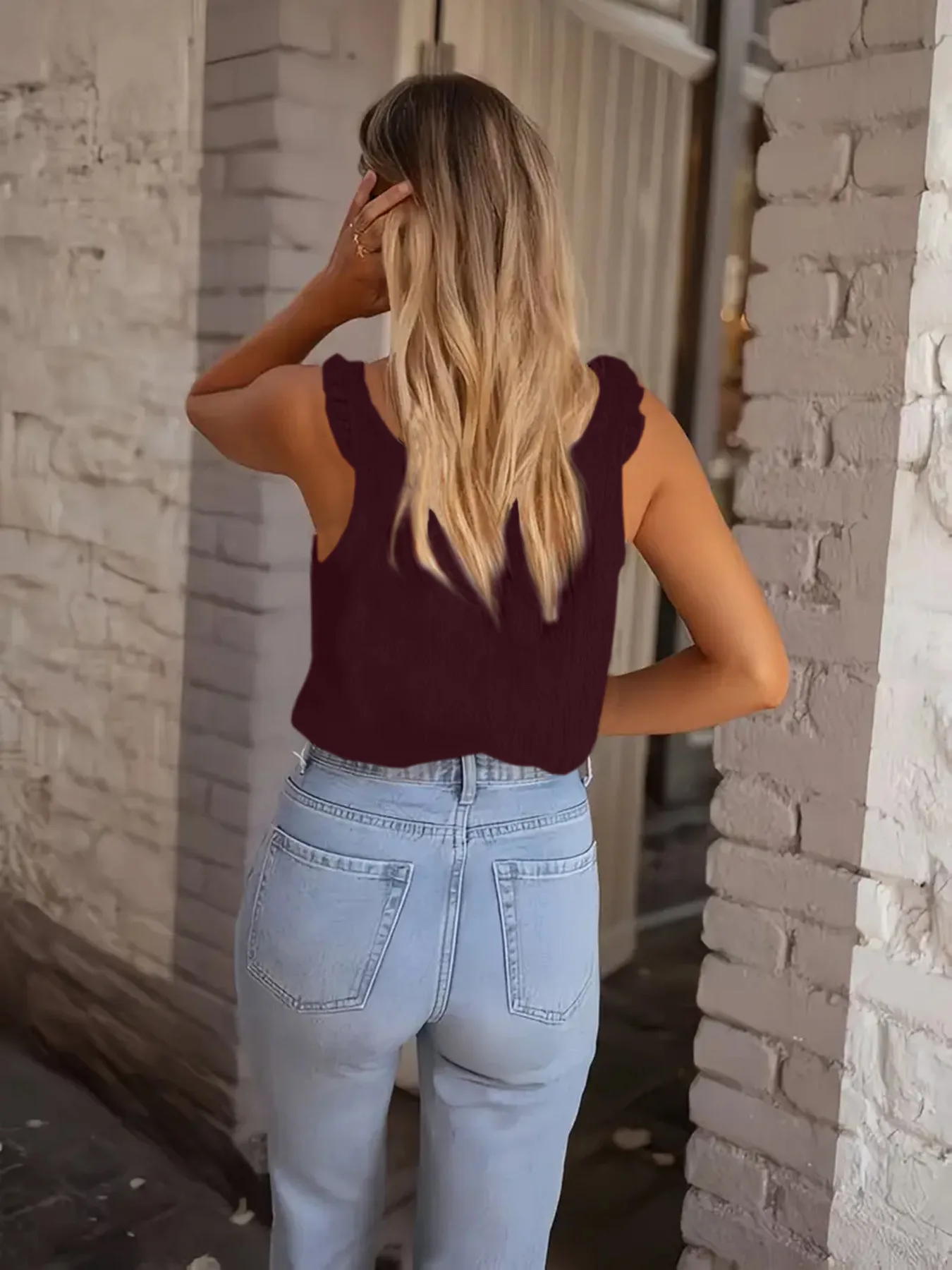 New   Women's Summer Solid Color Knitted Round Neck Ruffled Sweet Sleeveless Vest Top display picture 9
