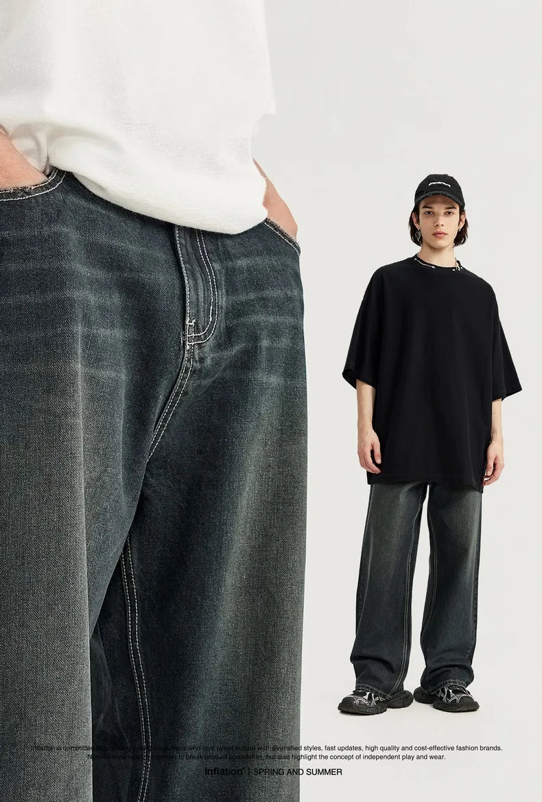 INF Men's Retro Coated Wide Leg Jeans 024 Spring And Summer New Trendy Brand Cat Must Do Old Loose Straight Pants display picture 2