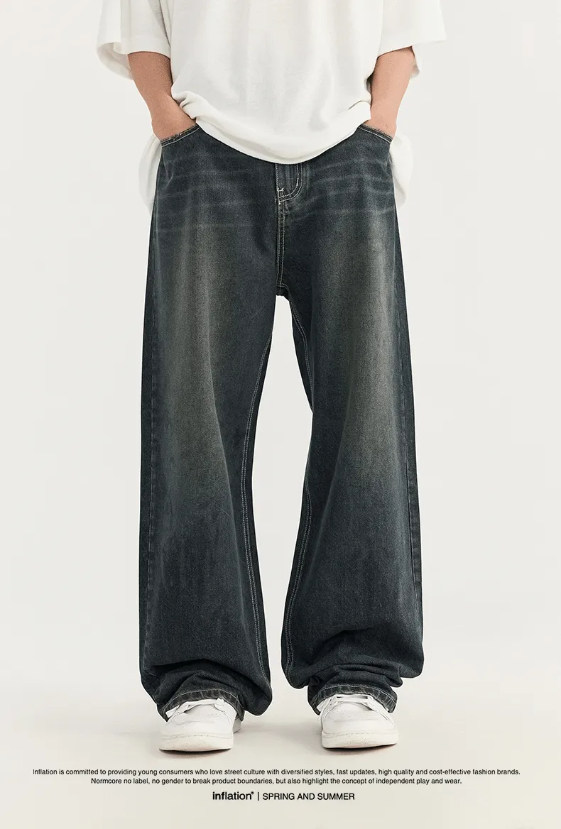 INF Men's Retro Coated Wide Leg Jeans 024 Spring And Summer New Trendy Brand Cat Must Do Old Loose Straight Pants display picture 3