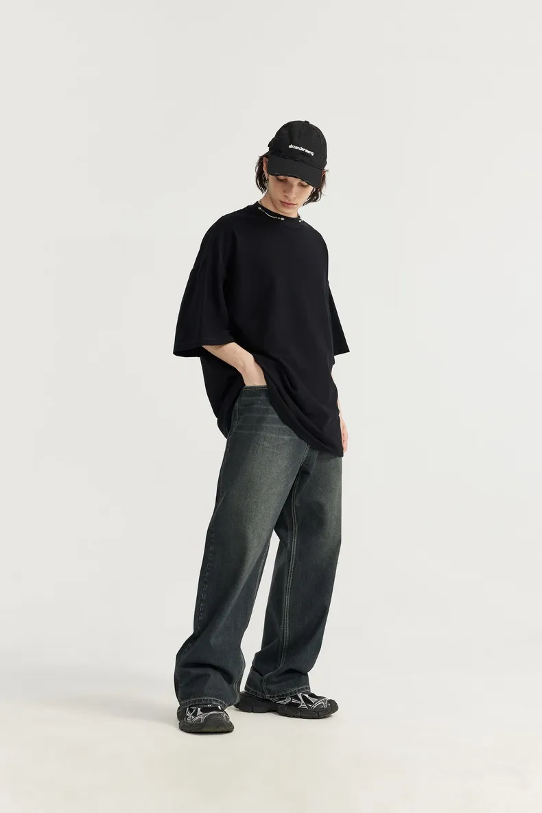 INF Men's Retro Coated Wide Leg Jeans 024 Spring And Summer New Trendy Brand Cat Must Do Old Loose Straight Pants display picture 6