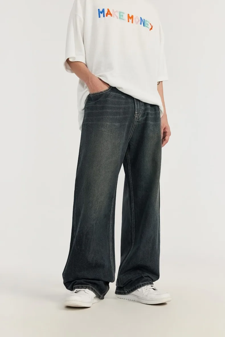 INF Men's Retro Coated Wide Leg Jeans 024 Spring And Summer New Trendy Brand Cat Must Do Old Loose Straight Pants display picture 8