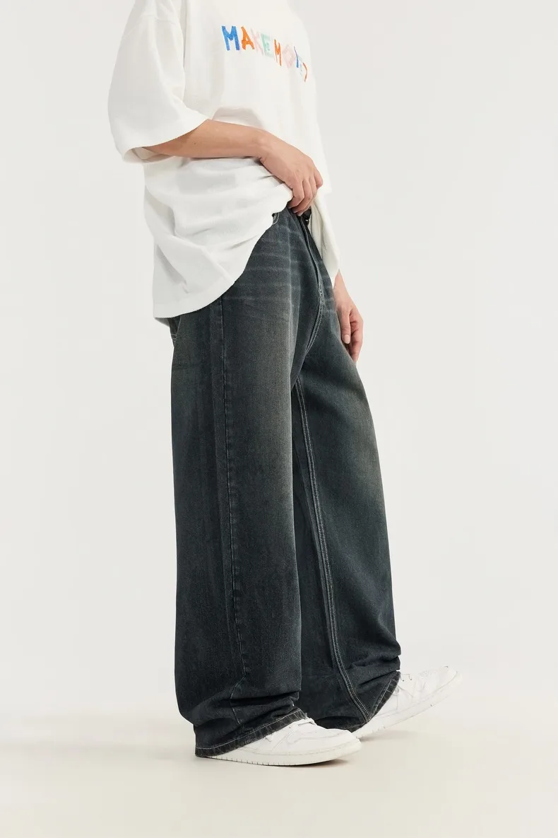 INF Men's Retro Coated Wide Leg Jeans 024 Spring And Summer New Trendy Brand Cat Must Do Old Loose Straight Pants display picture 9