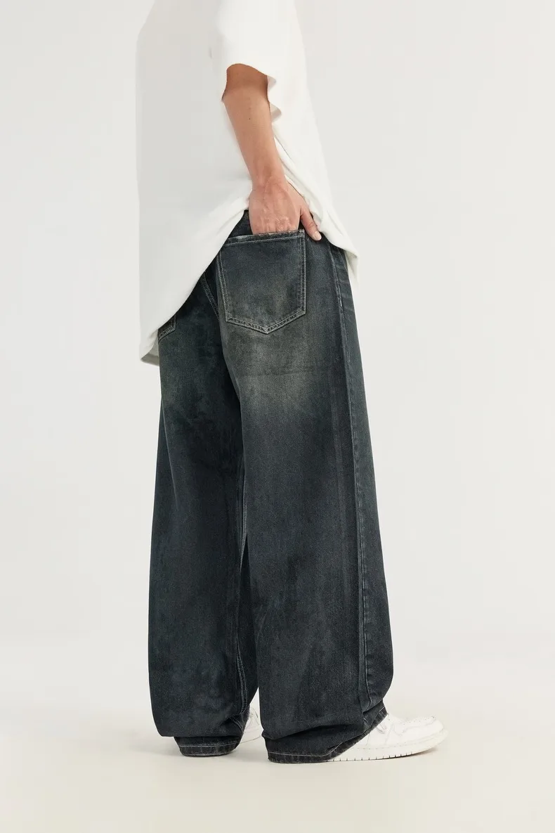 INF Men's Retro Coated Wide Leg Jeans 024 Spring And Summer New Trendy Brand Cat Must Do Old Loose Straight Pants display picture 10