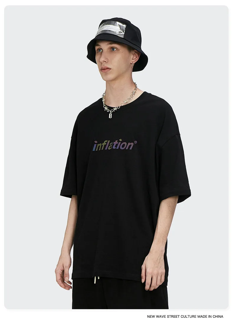Jie Zhan Discount Store | Loosen Edition Laser Colorful Letter Printing Fashion Brand Street Short Sleeve T-shirt Male display picture 4