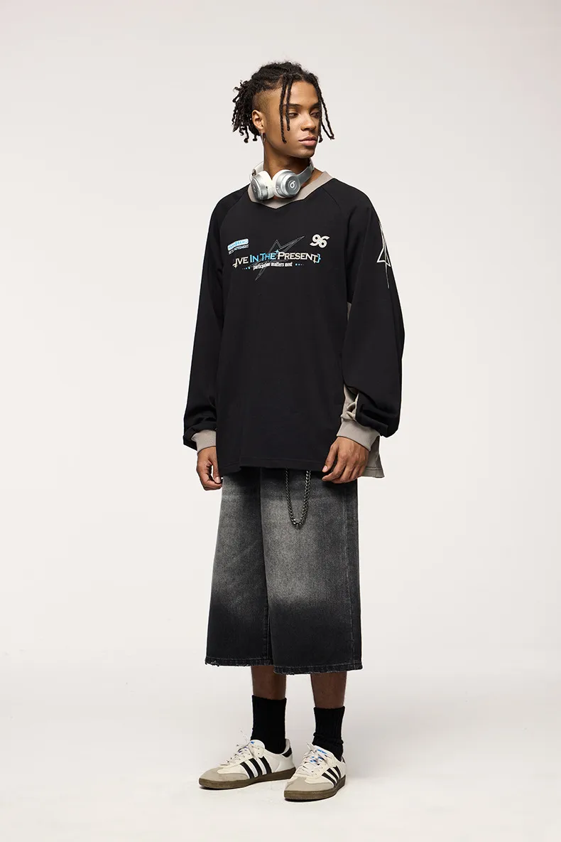 INF Men's | Retro Sports Stitching Long T-shirt  Fall/Winter New Fashion Brand American Stitching Design Leisure Long T display picture 10