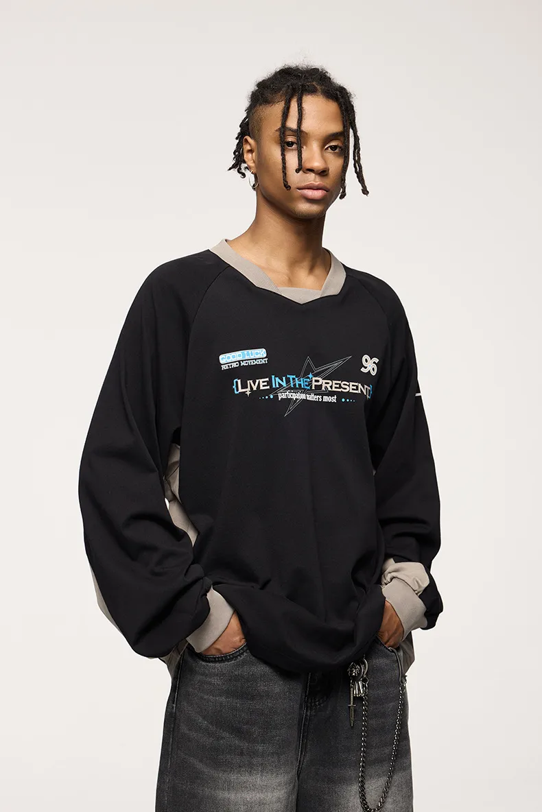 INF Men's | Retro Sports Stitching Long T-shirt  Fall/Winter New Fashion Brand American Stitching Design Leisure Long T display picture 13